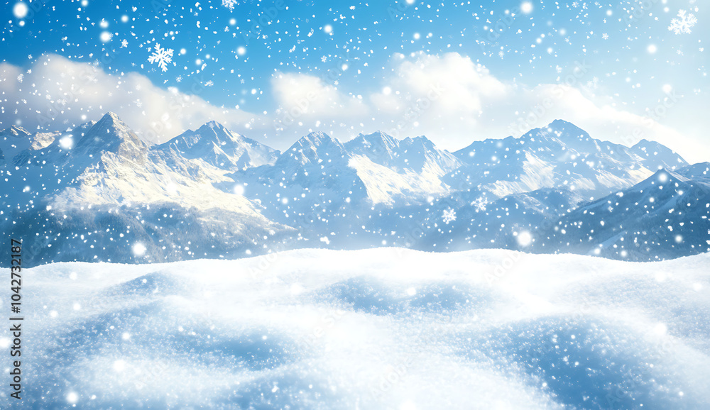 Obraz premium Beautiful snow landscape with winter mountains and blue sky on a sunny day. Winter background with copy space for text, banner design. Snowy mountain scene with falling snowflakes. New Year or Christm