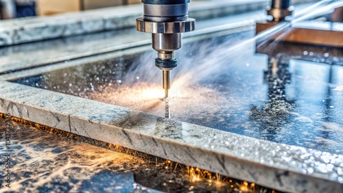 High pressure water jet with abrasive particles cutting granite or marble in high angle view