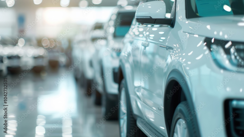A modern showroom displays an impressive lineup of sleek white cars illuminated by bright overhead lights, inviting potential buyers A modern showroom displays an impressive lineup of sleek white cars illuminated by bright overhead lights, inviting potential buyers