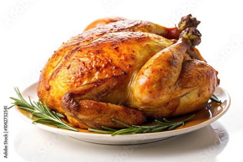 High quality image of fresh roasted chicken reflected on white background