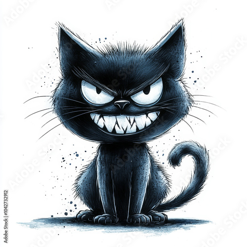 A playful black cat with a wide grin sits in a whimsical cartoon-style illustration