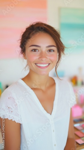 Free Download A joyful girl applies makeup at her vanity, surrounded by colorful beauty products in a lively atmosphere - GFXLoad