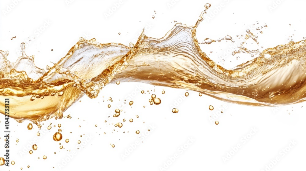 Golden liquid splashes energetically in a beautiful display of motion, creating an eye-catching highlight on a clean white background Golden liquid splashes energetically in a beautiful display of motion, creating an eye-catching highlight on a clean white background