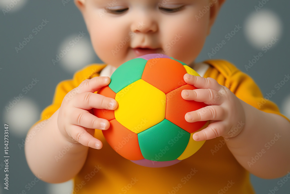 Exploring playtime a baby's delight with a colorful soccer ball toy in a cheerful setting Exploring playtime a baby's delight with a colorful soccer ball toy in a cheerful setting