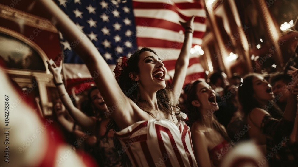 Obraz premium Woman in crowd. Cheering and smiling with arms raised. Large usa flag in background. confetti and streamers in the air.