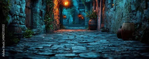 A charming, cobblestone street at night, illuminated by warm street lamps. The scene captures the essence of a peaceful medieval town, perfect for an evening stroll. photo