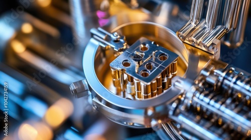 An extreme close-up of a cryogenic quantum processor cooling system, demonstrating superconducting qubit operation at ultra-low temperatures, Quantum computing technology style photo