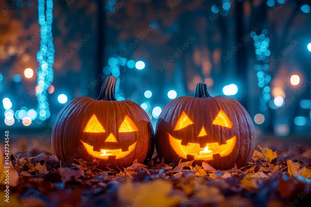 Naklejka premium Two carved pumpkins with glowing faces on the ground in an illuminated park at night, surrounded by autumn leaves and spooky orange and yellow lights.