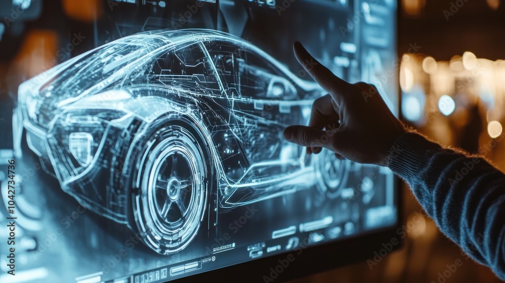 A person interacting with a digital display of a futuristic car design. A person interacting with a digital display of a futuristic car design.
