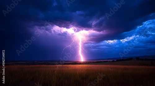 Dramatic Storm with Powerful Lightning Bolt Over Rural Landscape