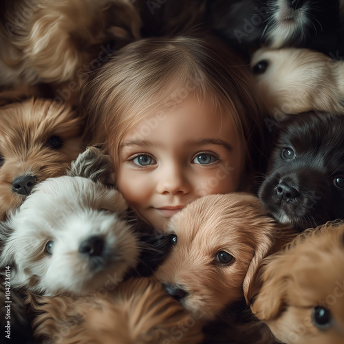 Close-Up Portrait of Little Girl with Playful Puppies photo