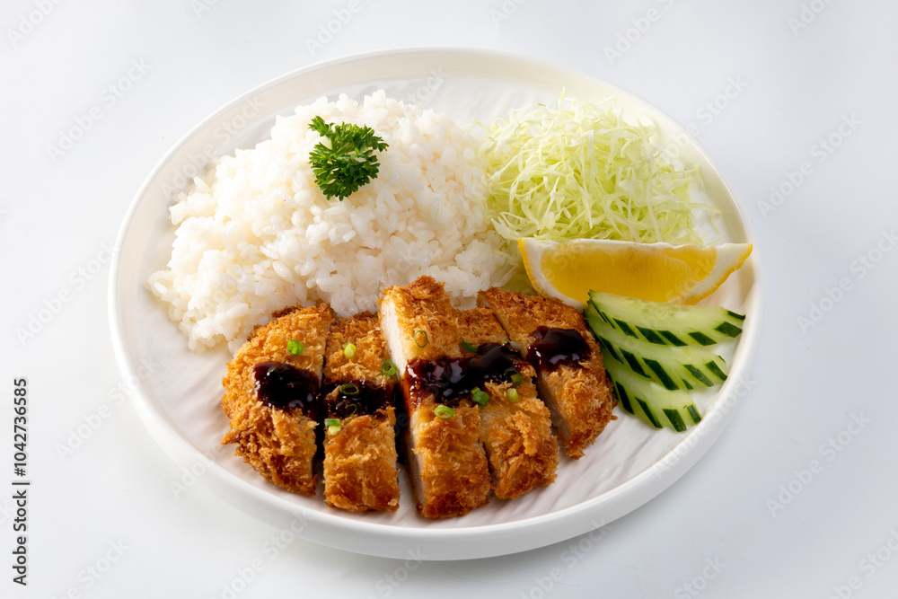 Tonkatsu Pork Rice cutlet and shredded cabbage on a white plate Tonkatsu Pork Rice cutlet and shredded cabbage on a white plate