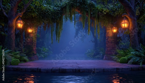 Wallpaper Mural Mystical forest scene with glowing lanterns under a lush canopy, reflecting in serene waters, evoking tranquility and enchantment. Torontodigital.ca