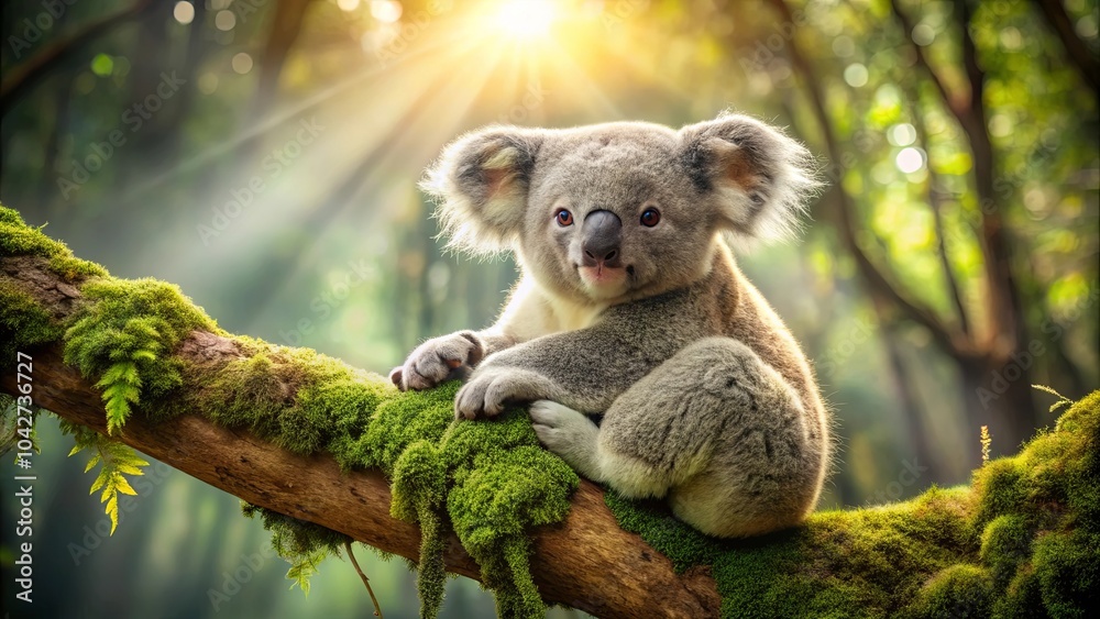 Fototapeta premium A fluffy koala cub rests on a mossy branch, bathed in the golden rays of the morning sun, creating a picture of tranquility and serenity in the lush forest.
