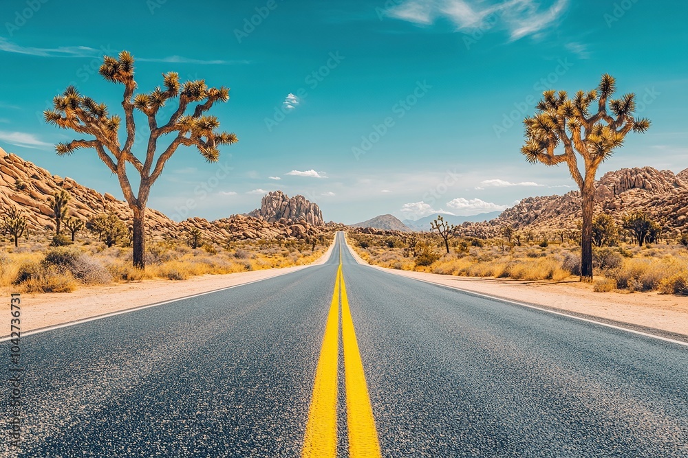 A photograph of the road leading to Joshua Tree National Park, with a desert landscape A photograph of the road leading to Joshua Tree National Park, with a desert landscape