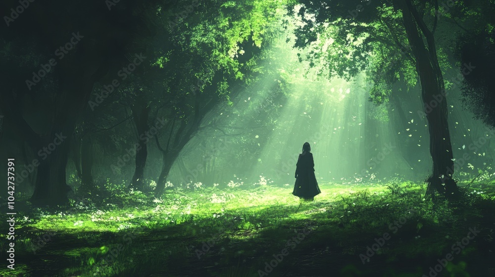 Person walks calmly in a magical forest Person walks calmly in a magical forest