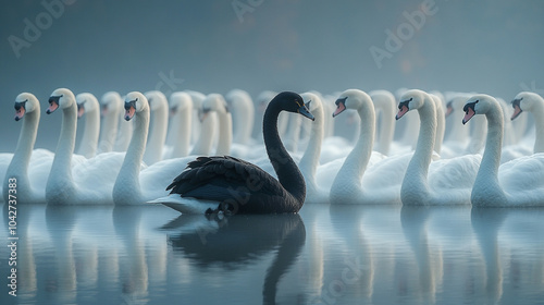 Fototapeta Naklejka Na Ścianę i Meble -  Elegant black swan stands out among white swans in tranquil water, symbolizing beauty and contrast.