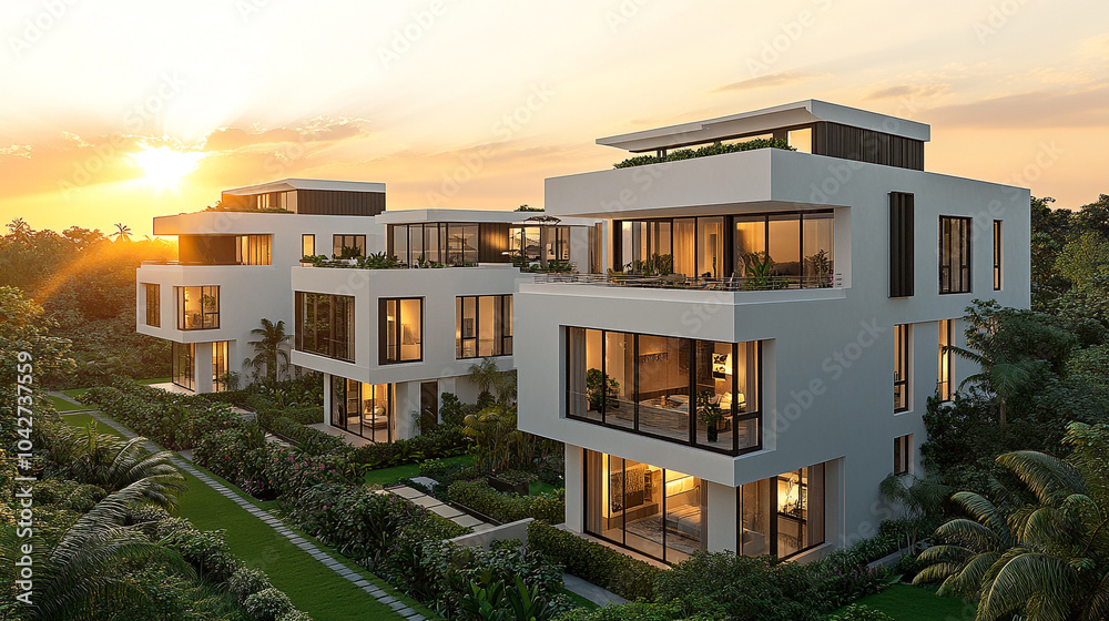 Fototapeta premium Elegant white apartment buildings surrounded by greenery and sunset views highlight modern living.
