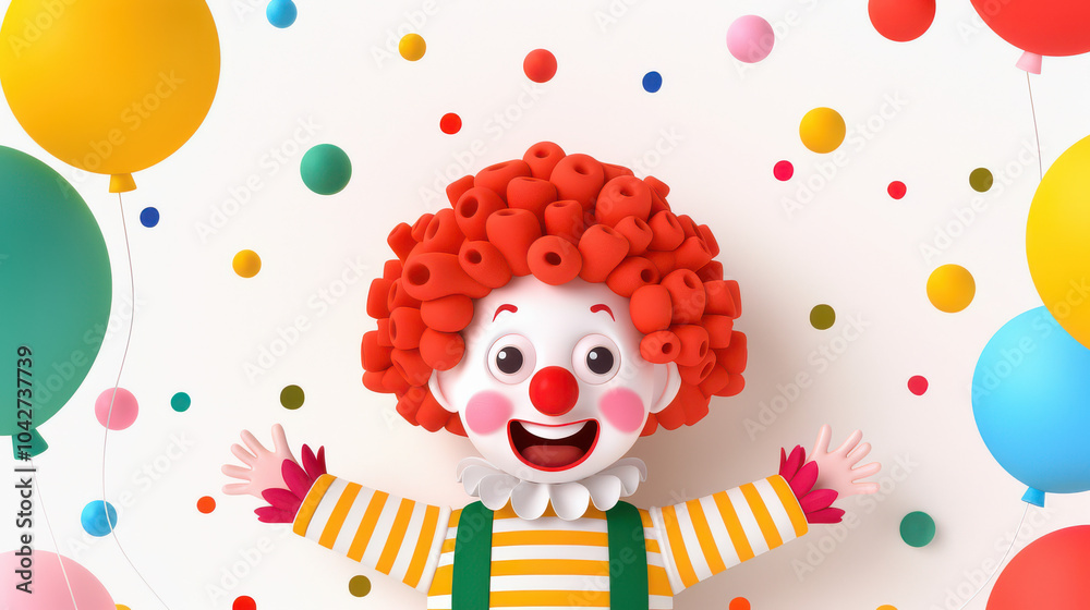 Fototapeta premium Happy Clown with Balloons: A cheerful clown with a big smile, surrounded by colorful balloons and confetti, creating a whimsical and festive atmosphere. 