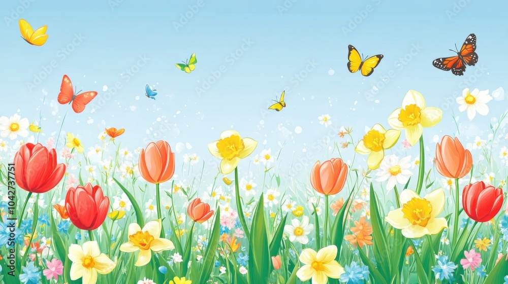 Spring Flower Field with Colorful Butterflies Spring Flower Field with Colorful Butterflies