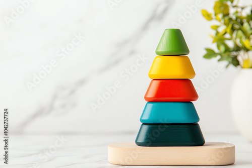 Colorful wooden stacking toy promoting early childhood development and learning through play photo