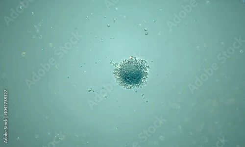 Zoom shot with micro-particle aggregation in a colloid: The camera starts with a view of micro-particles in a colloidal suspension. The camera zooms in to show the aggregation process, including parti