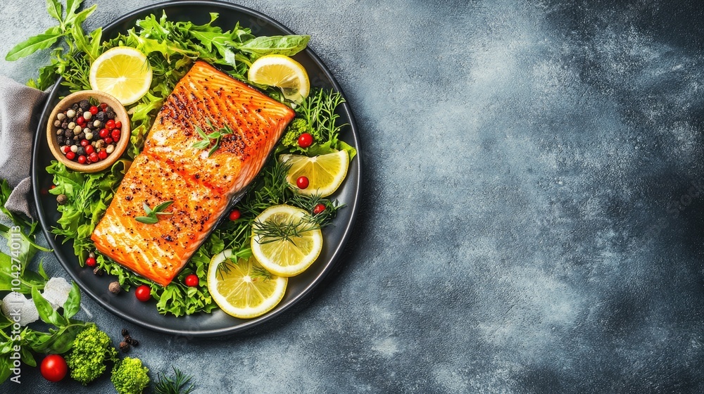 Fresh Salmon Dish with Greens and Lemon Slices Fresh Salmon Dish with Greens and Lemon Slices