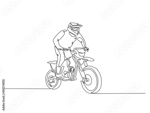 Continuous one line drawing of motocross rider. motobike extreme sport single line art vector illustration. Editable vector.