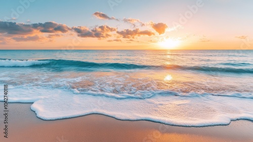 A serene beach scene at sunset, showcasing waves and a colorful sky.