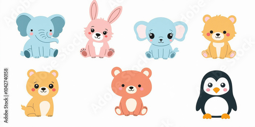 Cute Cartoon Animals Illustration Set Elephant Bunny Bear Penguin Baby Animals 