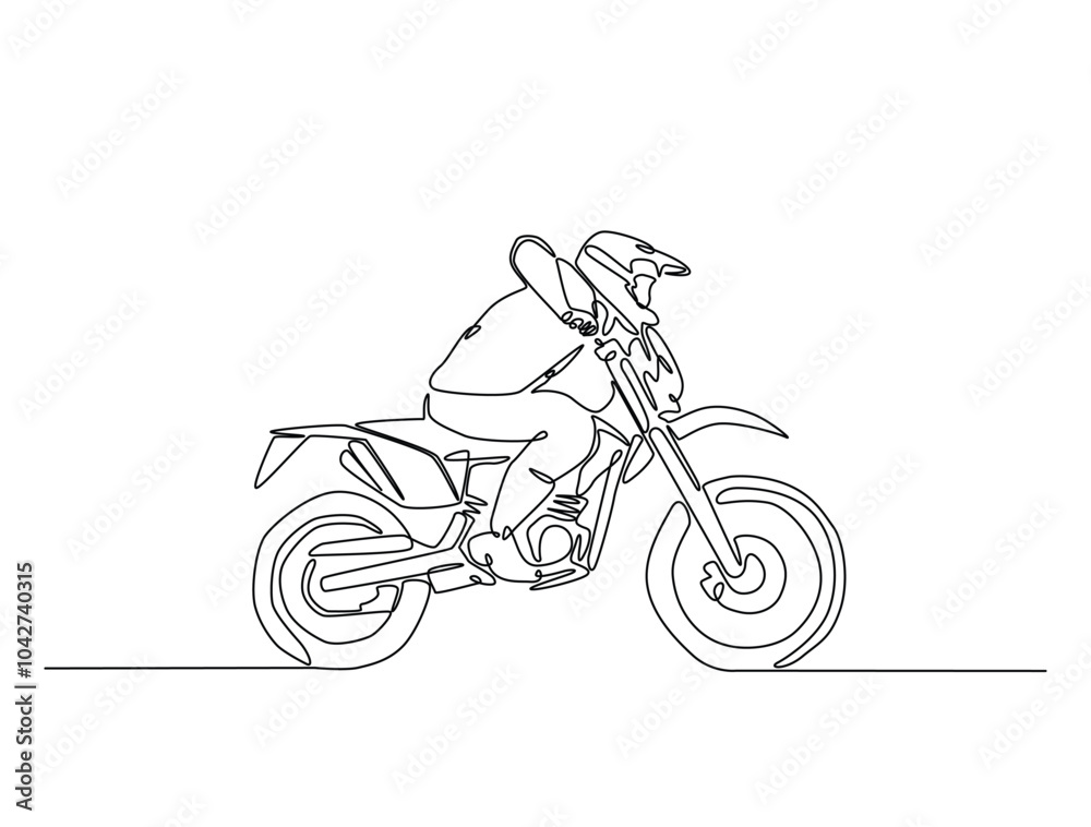Continuous one line drawing of motocross rider. motobike extreme sport single line art vector illustration. Editable vector. Continuous one line drawing of motocross rider. motobike extreme sport single line art vector illustration. Editable vector.