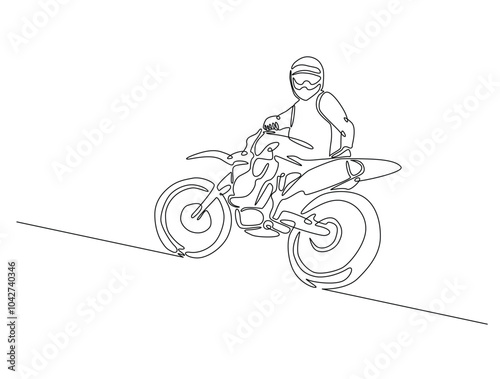 Continuous one line drawing of motocross rider. motobike extreme sport single line art vector illustration. Editable vector.