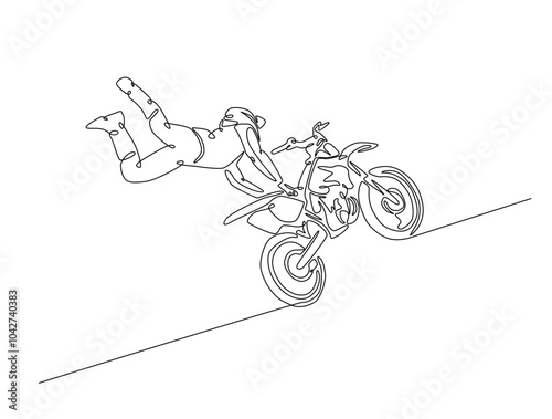 Continuous one line drawing of motocross rider. motobike extreme sport single line art vector illustration. Editable vector.