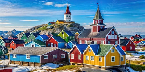 Historical cathedral and colorful houses in Nuuk Greenland