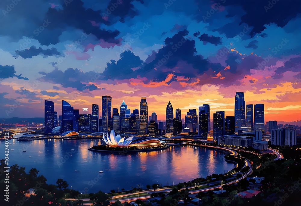 Fototapeta premium Cityscape sunset view of Bangkok modern office business building and high skyscraper in business district with infinity view swimming pool at Bangkok,Thailand. 