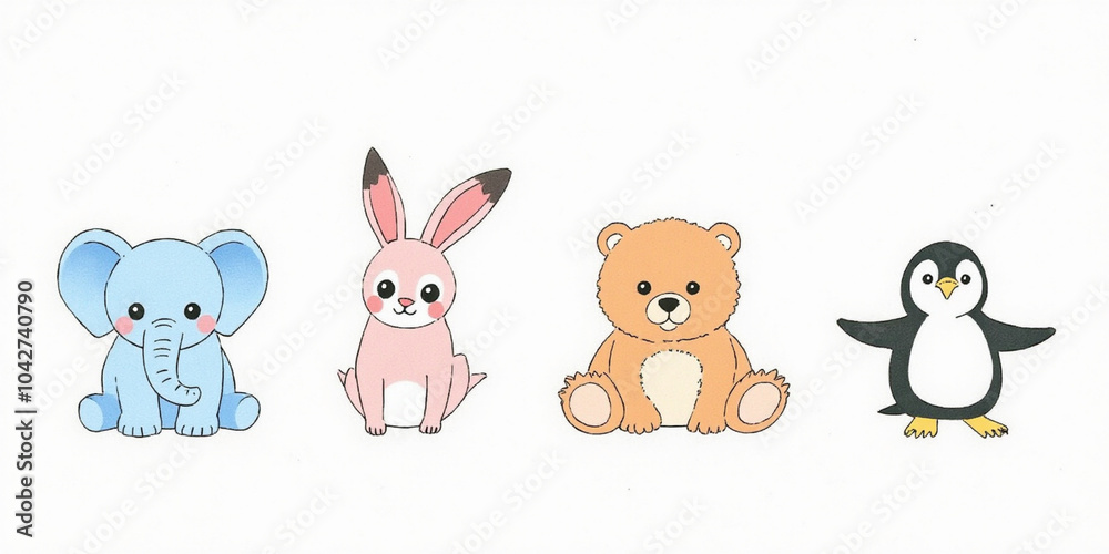 Obraz premium Cute Cartoon Animals Set Elephant Bunny Bear Penguin Illustration 