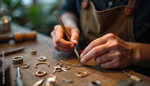 Close Up of a Jeweler s Hands Crafting Gold Jewelry photo