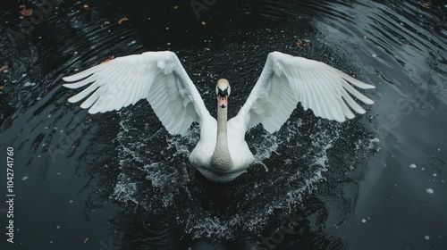 Majestic Swan Spreading Wings on Dark Water