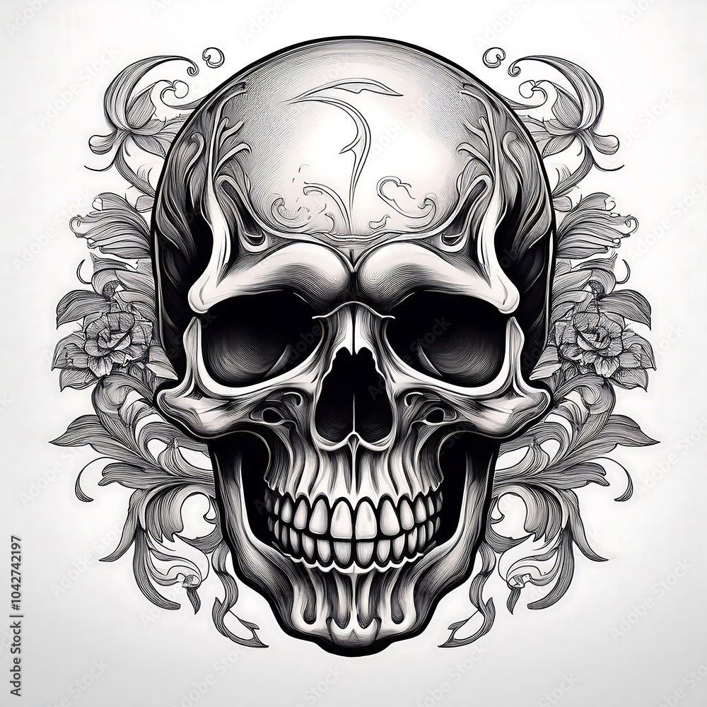 Obraz premium A detailed, realistic human skull with a toothy grin is surrounded by ornate floral and scrollwork designs.