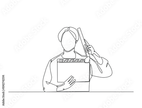 Continuous one line drawing of man holding clapper board. producer holding clapboard single line art vector illustration. Editable vector.