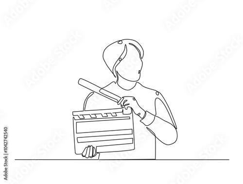 Continuous one line drawing of man holding clapper board. producer holding clapboard single line art vector illustration. Editable vector.