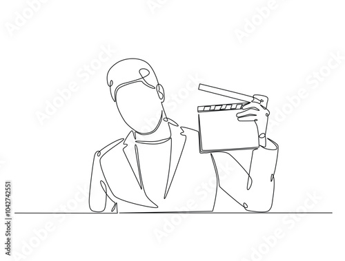 Continuous one line drawing of man holding clapper board. producer holding clapboard single line art vector illustration. Editable vector.