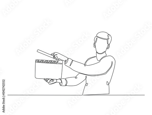 Continuous one line drawing of man holding clapper board. producer holding clapboard single line art vector illustration. Editable vector.