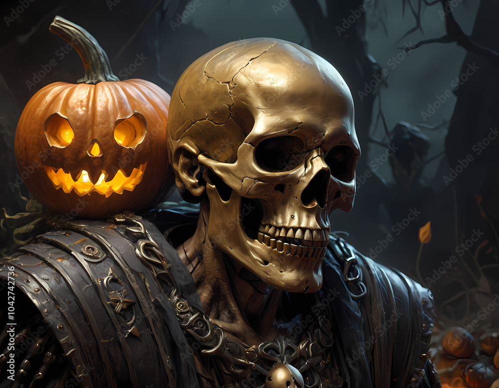 Golden Skeleton Skull With Halloween Pumpkin Decoration