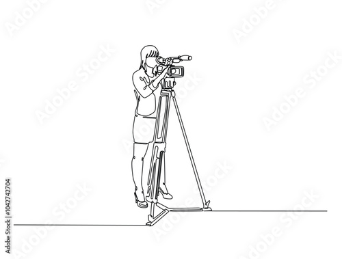 Continuous one line drawing of woman videographer holds camcorder. Girl working as videographer single line art vector illustration. Editable vector.