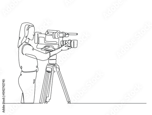 Continuous one line drawing of woman videographer holds camcorder. Girl working as videographer single line art vector illustration. Editable vector.