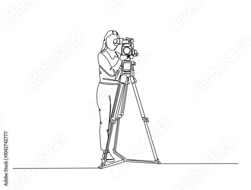 Continuous one line drawing of woman videographer holds camcorder. Girl working as videographer single line art vector illustration. Editable vector.