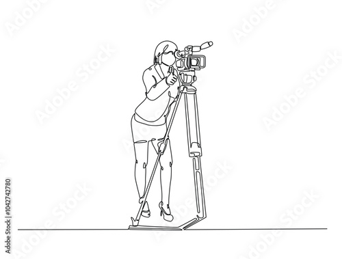 Continuous one line drawing of woman videographer holds camcorder. Girl working as videographer single line art vector illustration. Editable vector.