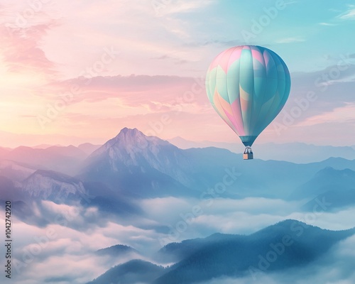 A vibrant hot air balloon soaring above a sea of clouds, with majestic mountains in the background, bathed in soft pastel sunrise colors.