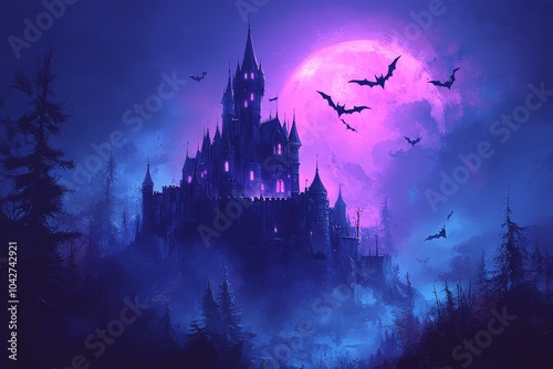 Dark blue Halloween background featuring a spooky castle, purple moon, and flying bats, designed with a grunge frame and high-resolution texture.